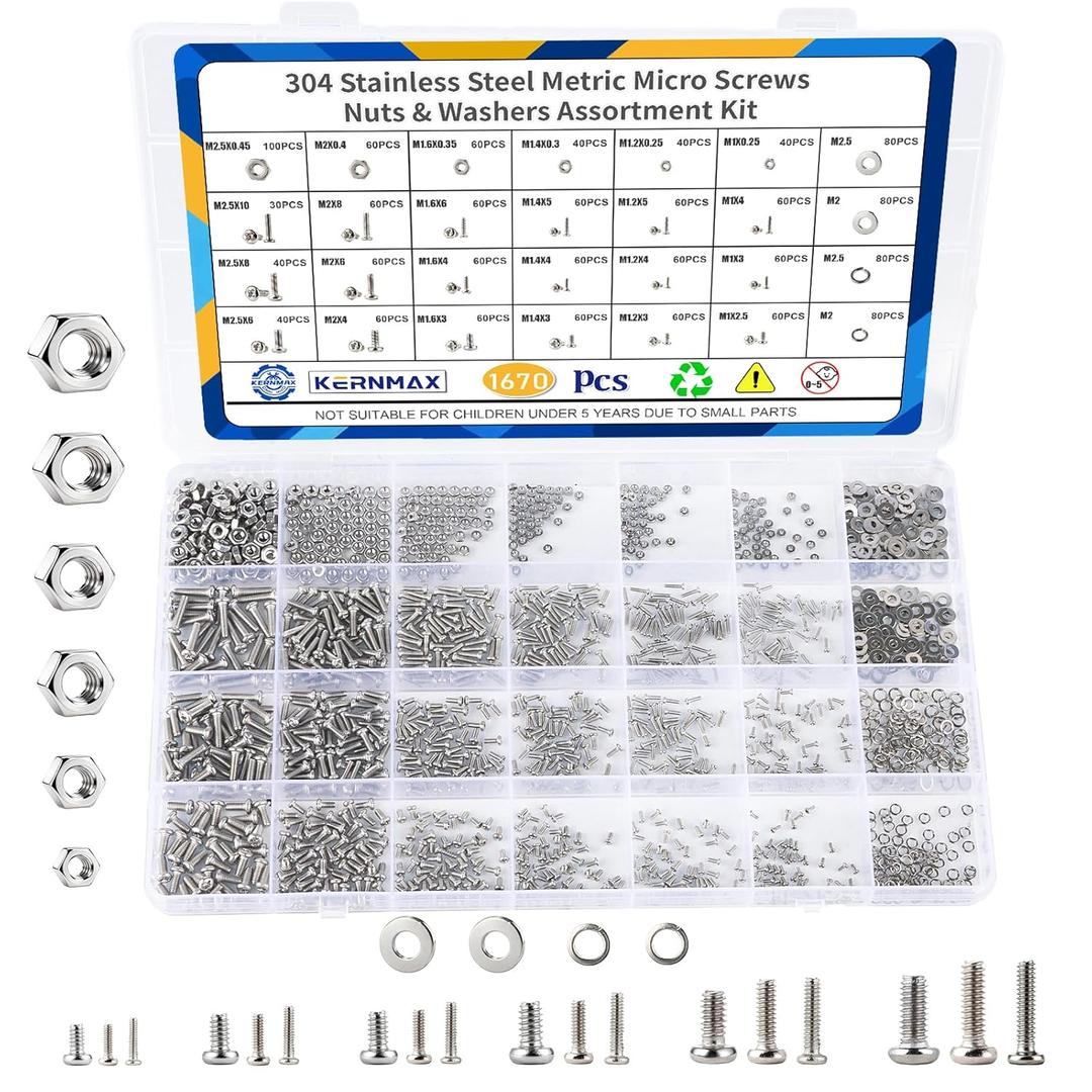 1670Pcs 304 Stainless Steel Metric Micro Screws Nuts Assortment Kit, M1 M1.2 M1.4 M1.6 M2 M2.5 Sizes, Phillips Pan Head Small Machine Screws for Arduino, Electronics, RC Models, DIY Projects