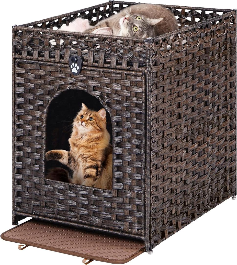 Snughome Cat Litter Box Enclosure Furniture Hidden with Litter Mat, Hidden Cat Washroom Furniture with Door, Handwoven Rattan Cat Washroom Box, Indoor Pet House for Living Room, Bedroom (Brown)