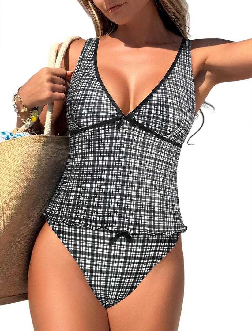 ZAFUL Women's Tankini Swimsuits V Neck Tummy Control Bow Color Block Two Piece Swimsuit Bathing Suit, Small