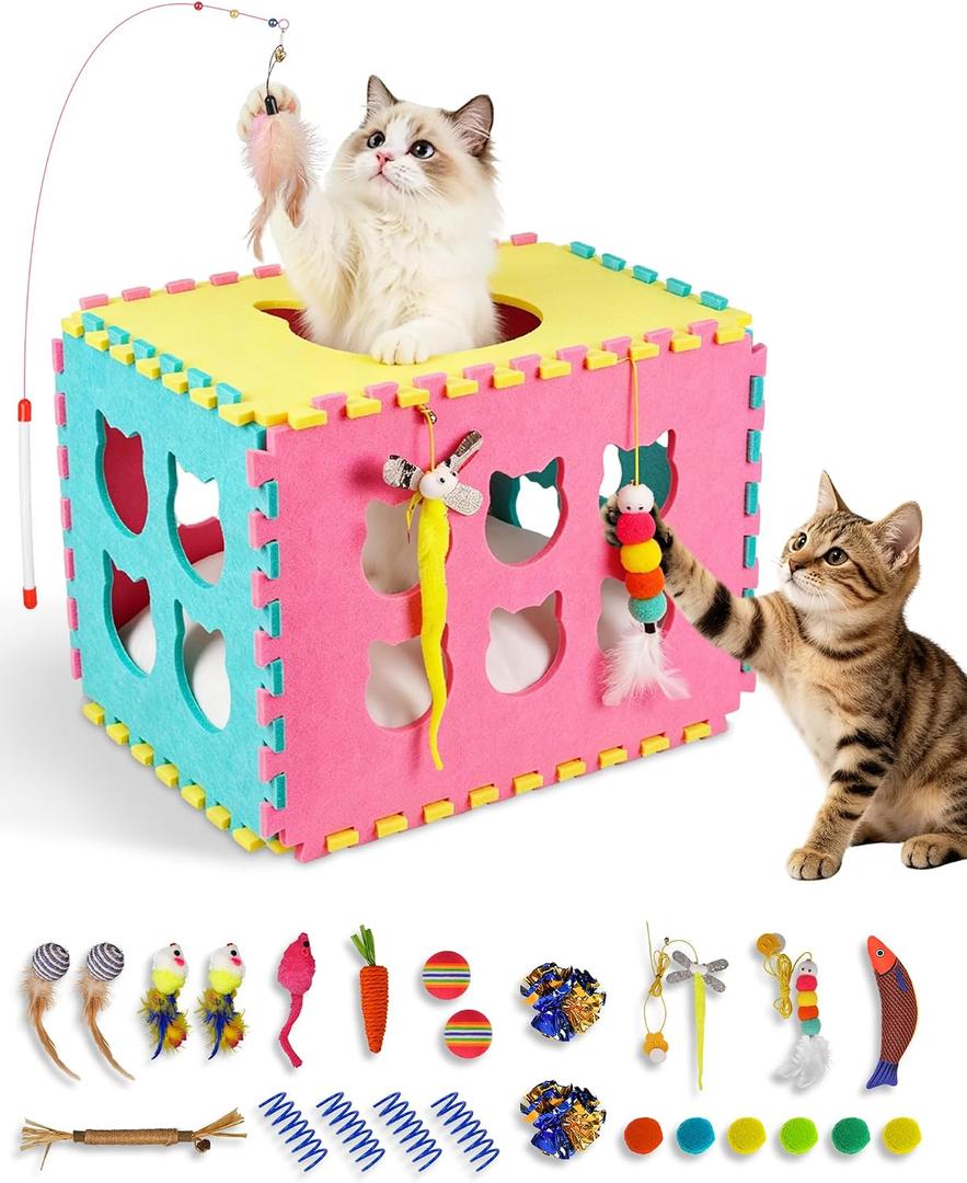 Natheeph Cat Toys for Indoor Cats, Interactive Cat Toy 49pcs Including Cat Wand Toy & Cat Feather Toys Refills, Funny Kitten Toys with Play Tent, Springs, Balls for Bored Indoor Cats Exercise & Chase