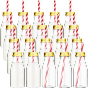 Yinkin 20 Set 8 oz Plastic Milk Bottles with Straws Metal Lids Clear Plastic Containers for Dairy Milk Party Bottle for Juices Shakes Smoothies(Gold Lid)