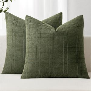 MIULEE Decorative Linen Check Throw Pillow Covers Neutral Farmhouse Vintage Pillow Covers 20x20 Inch Set of 2 Boho Modern Home Decor for Sofa Couch Bedroom Cushion Chair Dark Olive Green