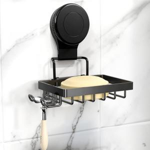 Soap Dish, Soap Bar Holder for Shower Suction Cup Stainless Steel No-Drilling Removable Waterproof Sponge Holder for Bathroom Bathtub Kitchen Sink(Black, 1-Tier)