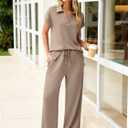 Glamaker Womens 2 Piece Summer Outfit Lounge Set Cap Sleeve Polo Top And Pant Set Tracksuit Travel Matching Outfit 2026 (Brown, S)