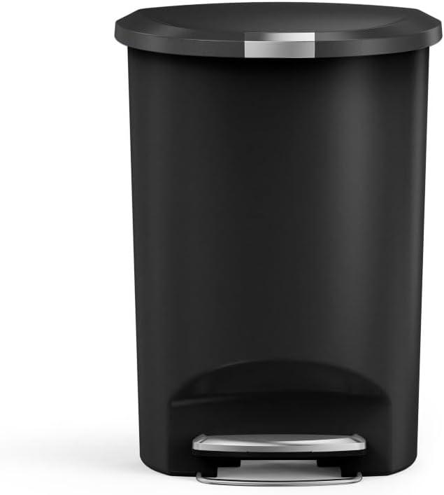simplehuman 50 Liter / 13 Gallon Semi-Round Kitchen Step Trash Can with Secure Slide Lock, Black Plastic