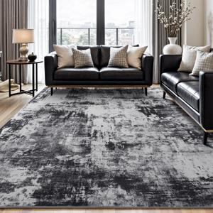 Rugflix 8x10 Area Rugs for Living Room, Black Grey Large Rug Stain-Resistant Low Pile, Big Washable Dark Carpet Non-Slip for Bedroom Dining Room Home Office Nursery Room