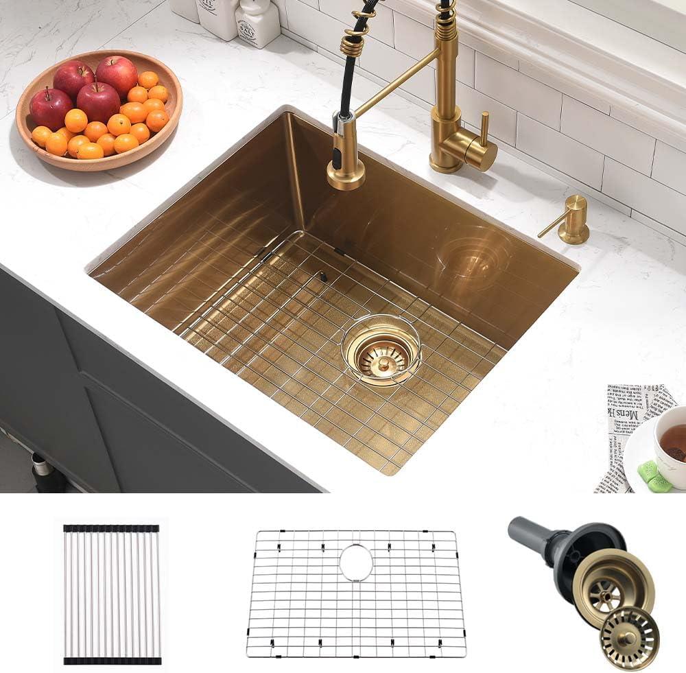 23 Inch Undermount Laundry Sink Gold-Wesliv 23x18x12 Gold Utility Sink Undermount Laundry Room Sink Deep Single Bowl 16 Gauge Stainless Steel Utility Sink with Bottom Grid