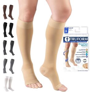 Truform 20-30 mmHg Compression Stockings for Men and Women, Knee High Length, Open Toe, Beige, Medium