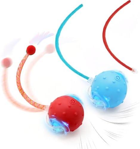 Interactive Cat Toys, 2 Pcs Automatic Moving Cats Toy with Elastic Mesh Bell Tail, Rechargeable Cat Ball for Bored Indoor Adult Cats, Energetic-cat (Red+Blue)