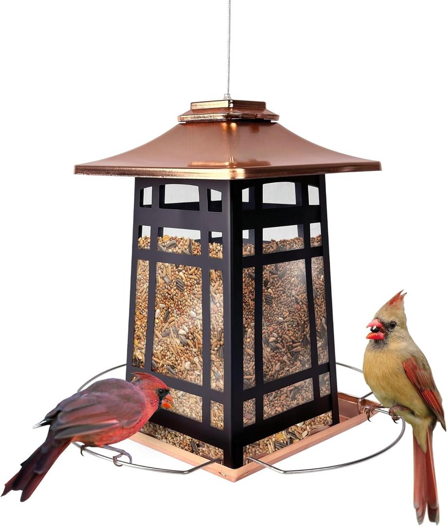 Nature's Way Outdoor Garden Dcor Hanging Wild Bird Seed Feeder, Metal Copper Gazebo Feeder, Easy Fill, Rain Drainage, Black and Copper