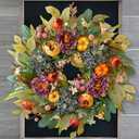 WANNA-CUL 24 Inch Spring Fall Wreaths for Front Door with Blue Hydrangea, Fall Wreath with Purple,Orange Peony-Fall Decoration for Home-Fall Decor Door Wreath for Valentines Day Mothers Day Autumn