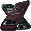 Janmitta Case Compatible with Google Pixel 10 Pro XL Built in Slide Camera Lens Cover+Screen Protector+Finger Ring Holder Kickstand, Heavy Duty Shockproof Full Body Protective Phone Cover, Wine Red