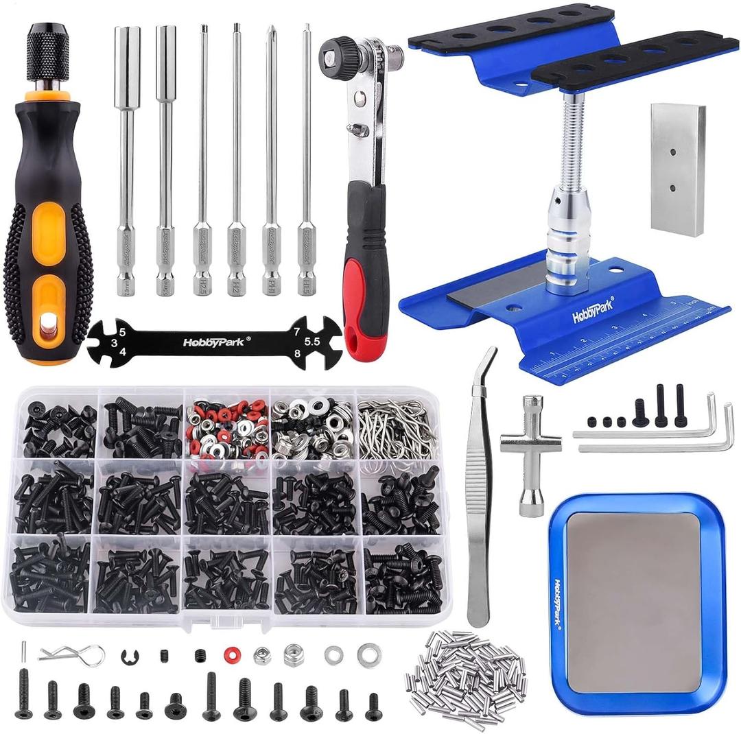 HobbyPark RC Car Work Stand 360 Degree Rotation, 620pcs RC Screw Kit w/Tray & RC Screwdrivers Repair Tool Set for Traxxas Arrma 1/8 1/10 1/12 1/16 RC Crawler Truck Buggy Touring Car