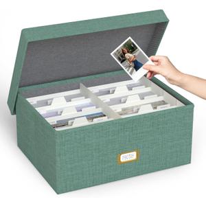 Decorative Photo Storage Box - Linen Photo Box Organizer with Dividers, Fits Holds Up to 1700 Pictures and 5x7 Photos, Memory Keepsake Organizer for Photos, Scrapbook Supplies, Cards, Stamps (Green)