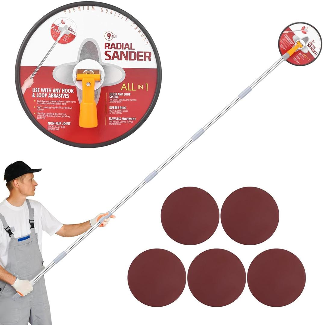 Drywall Pole Sander,Radial Sander,Professional 80" Drywall Sander with Extension Pole, 360 Rotatable Head for Smooth Finishing on Walls & Ceiling, 5-Piece Sanding Discs (80, 100, 120, 180, 240 Grit)