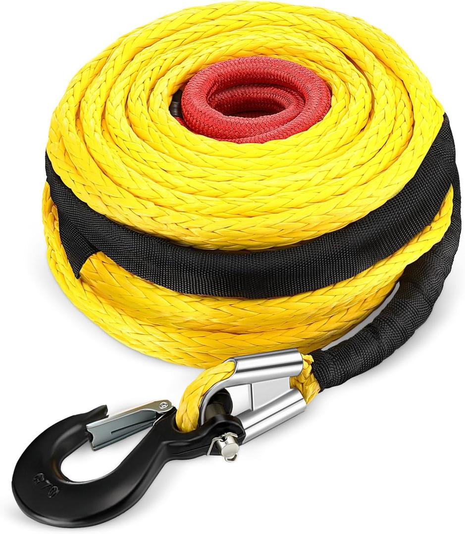 Marsui 1/2" x 100 ft Synthetic Winch Rope Cable Kit, 32000lbs Winch Line with Protective Sleeve Forged Hook Replacement Safety Pull Strap for 4WD Vehicle Truck ATV UTV SUV, Yellow