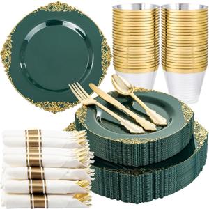 Nervure 175PCS Green Plastic Plates - Disposable Green Gold Party Plates & Pre Rolled Napkins with Cutlery for 25 Guests, 50Plates, 75Silverware, 25Cups, 25Napkin for Wedding & Party & St Patricks Day