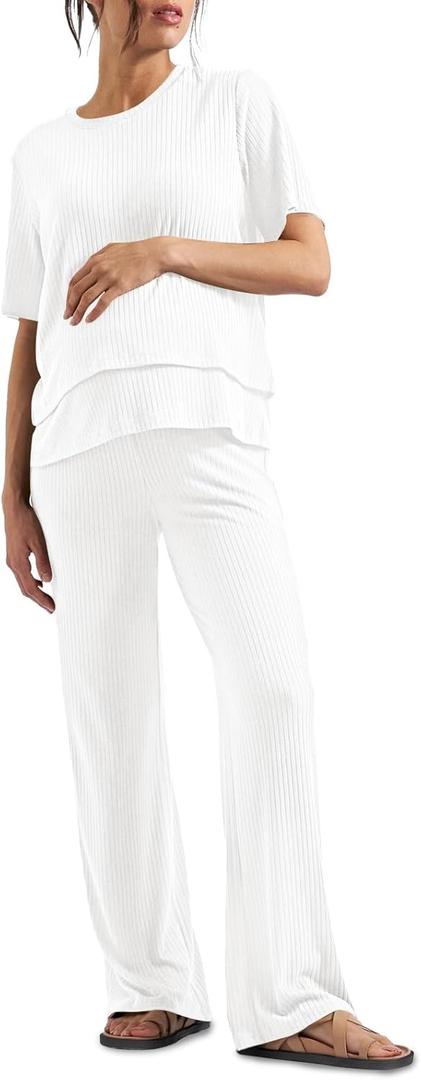 Tankaneo Womens Postpartum Maternity Pajamas 2 Piece Sets Rib Short Sleeve Nursing Tops and Elastic Waist Pants Loungewear (X-Large, White)