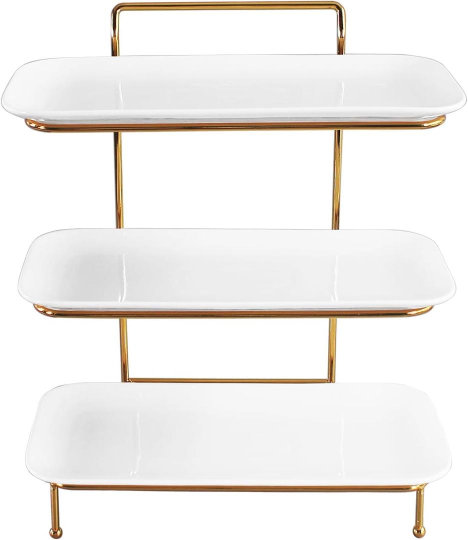 jinsongdafa 3-Tier Service Plates Stand, with 3 Pcs 12.2 Inch Ceramic Plates and Foldable Sturdy Gold Stand, for Food Display, Fruit, Cake Dessert, Decoration for Party Entertaining, White