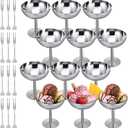 Reallnaive 12 Sets Stainless Steel Ice Cream Cups Bulk Silver Dessert Bowls with Forks 6.7 oz Small Metal Footed Cup for Serving Pudding Salad Fruit Sundae Summer Birthday Party Supply