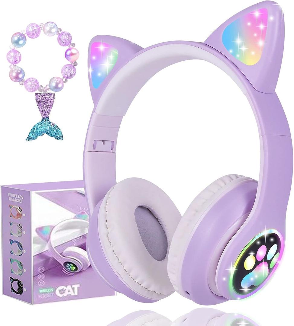 Wireless Cat Ear Headphones for Kids, LED Light Up Kids Girls Bluetooth Headphones with Microphone for School/Travel/Sports/Gaming/Gifts/Christmas (Purple)