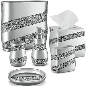 Creative Scents Silver Mosaic Bathroom Accessories Set Complete - 4 Piece Bathroom Set Includes: Bathroom Trash Can, Tissue Cover, Soap Dispenser, Toothbrush Holder, Tumbler & Soap Dish
