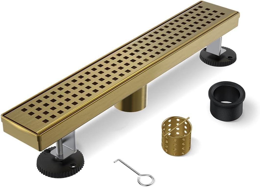 Gold Shower Drain, 18 Inch Linear Shower Drain with Removable Square Hole Cover Grate, Bathroom Modern 304 Stainless Steel Brushed Gold Shower Floor Drain with Adjustable Feet,Hair Filter