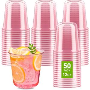 Soelomu 12 oz Pink Plastic Cups, 50 Pcs Disposable Stemless Wine Glasses Cocktail Party Cups for Mother's Day Wedding Birthday Meeting Gathering