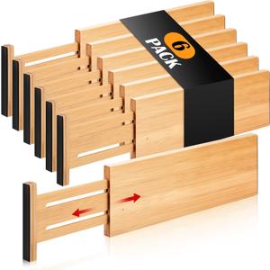 Fabsome Dresser Drawer Organizers 6 Pack, 4.65'' High Adjustable from 12.5-17 Bamboo Drawer Dividers for Clothing Baby Clothes, Wooden Separators for Dresser Nursery Organization with Soft Foam Ends (For 12.5-17in deep drawers inner size)