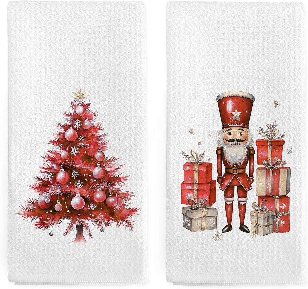 Red Nutcracker Christmas Tree Kitchen Towels Set of 2, Red Nutcracker Decor Hand Towels for Bathroom, Winter Xmas Tree Dish Tea Towel for Kitchen, Christmas Bathroom Decor, 16x24 Inch