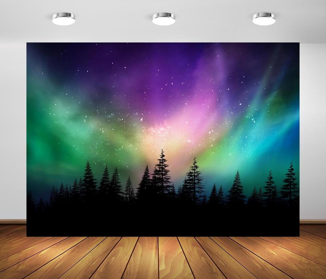 BELECO 5x3ft Fabric Colorful Northern Lights Backdrop Canadian Forest Aurora Borealis Night Sky Background Pine Trees Forest Polar Lights Backdrop Home Decor Photo Booth Studio Props (A18965)