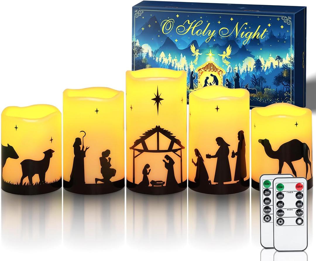 Homemory Flameless Christmas Nativity Scene Candles, Battery Operated LED Pillar Religion Candles, Nativity Sets Indoor Outdoor Decor for Xmas Holiday Home Decor, Remote Timer, Christmas Decor, 5 Pack