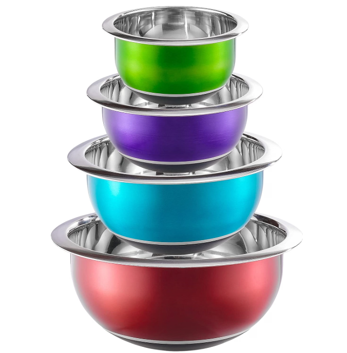 Colorful Mixing Bowl- 4 Pc Set- Stackable Nesting Bowls- Stainless Steel Mixing Bowls Non Slip Silicone Bottom- Cookware Set