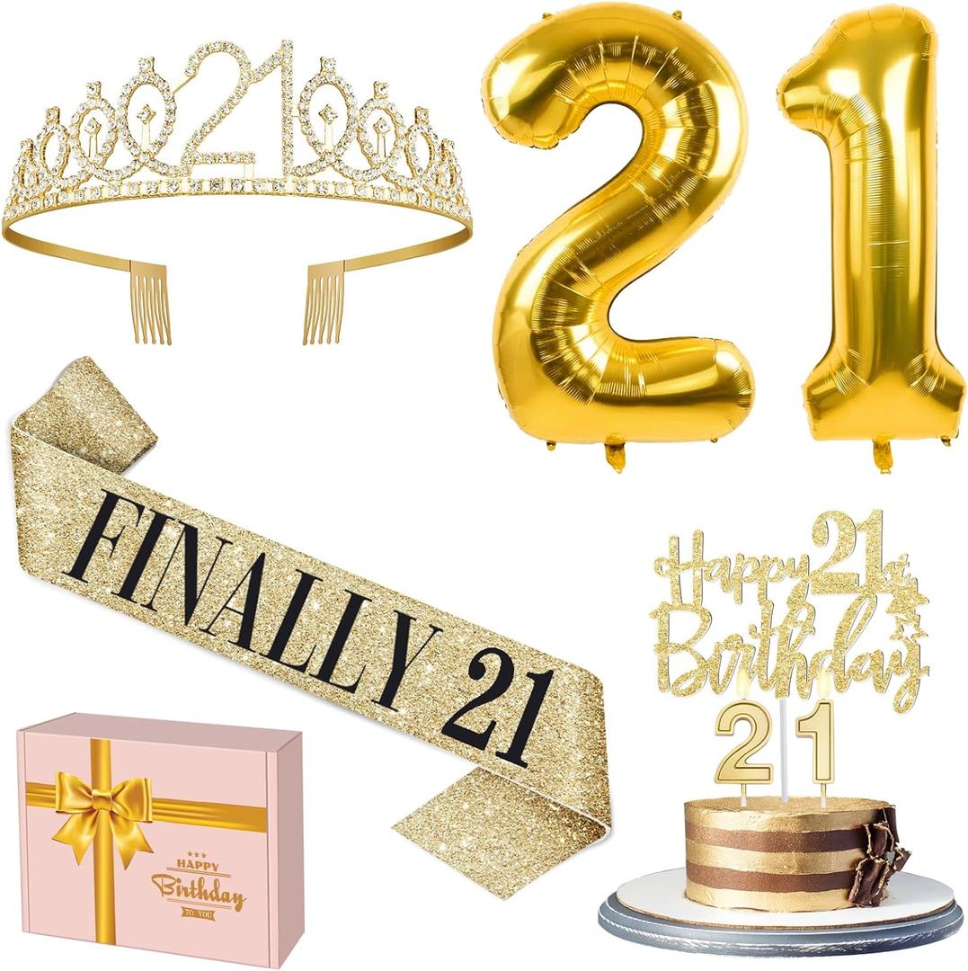 21st Birthday Decorations for Her Gold with 21st Birthday Sash and Tiara, Cake Topper and candles, Number Balloons, 21 Year Old Gifts for Her