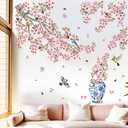 Cherry Blossom Wall Decals for Bedroom: Peel and Stick X-Large Pink Flower Bird Tree Branch Wall Stickers - Living Room Bathroom for All Adult