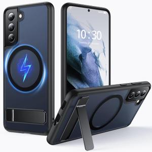 for Samsung Galaxy S21 Case with MagSafe [Adjustable Kickstand] [Charge While Standing] [Military Shockproof] Translucent Matte Soft Silicone Bumper for S21 Phone Case Slim, Black