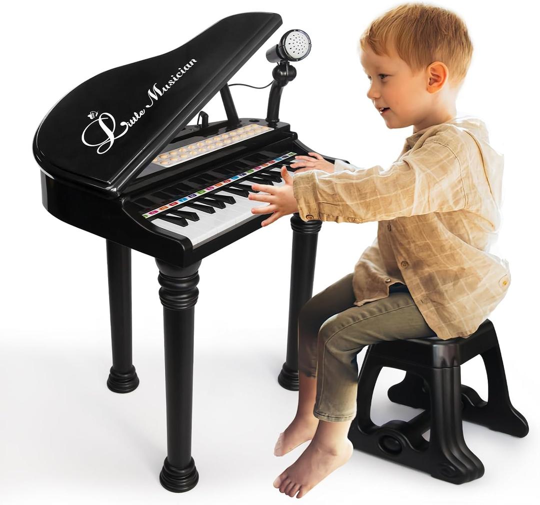 Love&Mini Piano Keyboard Toy for Kids - 31 Keys Toddlers Black Piano Toy with Microphone and Stool for Kids Age 3+ Years Old Girls Boys Birthday Gift