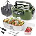 80W Electric Lunch Box for Adults, 1.5L Stainless Steel Food Warmer Lunchbox, 12V/24V/110V Portable Heated Lunch Box for Car/Truck/Office, Leak-Proof, Dishwasher-Safe with Insulated Bag(Green)