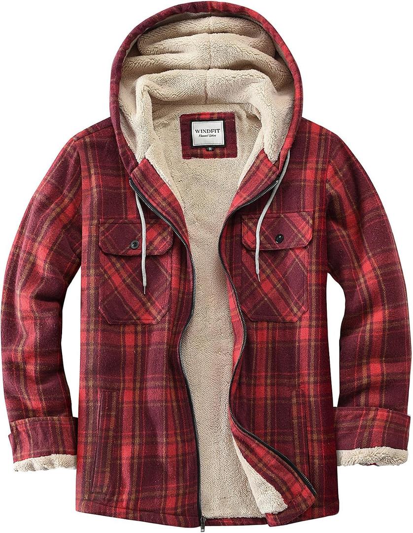 WINDFIT Women's Full Zip Fleece Flannel Jacket Plaid Sherpa Red XS