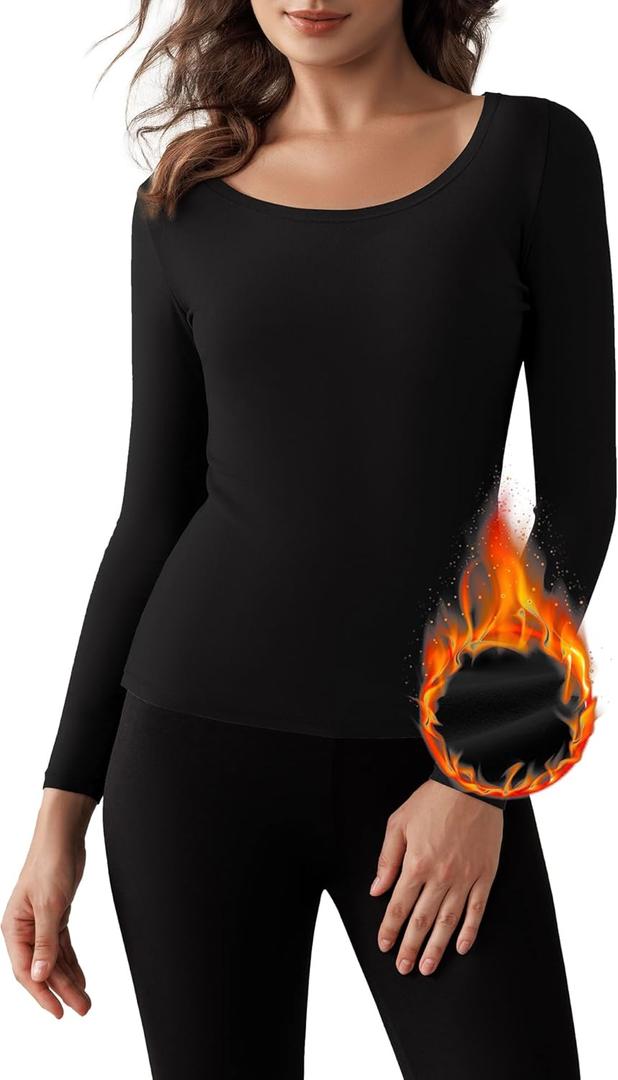 Bonneuitbebe Women Long Sleeve Thermal Shirt Fleece Lined Undershirt Ultra Soft Base Layer Tops for Women Cold Weather (Large, Black)