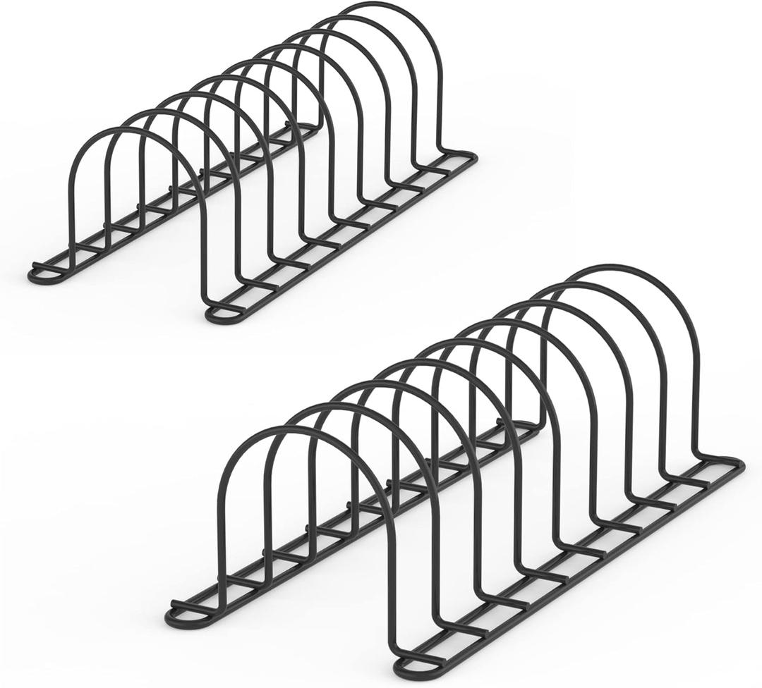 JAQ Pan Organizer Rack for Cabinet, Pot Lid Holder & Baking Sheet Organizer, Plate and Cutting Board Rack for Kitchen Countertop or Cabinet (2 Pack, Black)