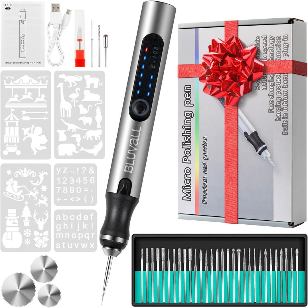 BLUVALL Electric Engraving Pen, 37 Bits Cordless Rotary Tool for Jewelry Metal Glass Wood, DIY Craft Kit with Gift Box (Standard Packaging)