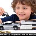 Toy Car Alloy Truck Set with Trailer and Motorcycle Cyberpickup Toy with Sound and Light Effect Pull Back Vehicle RV Toy EV Model Ideal Gift for Kids Boys Girls Adult Age for 3+