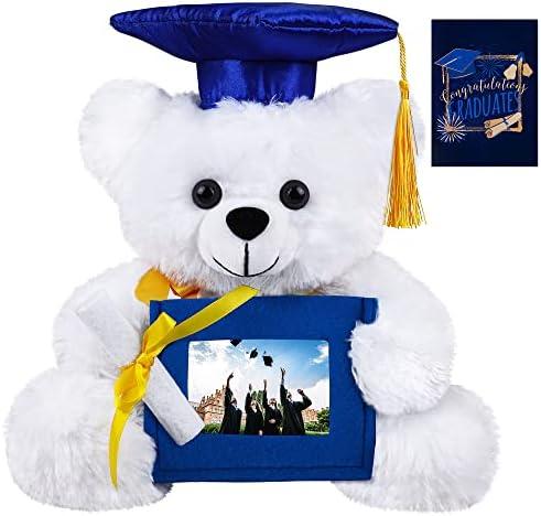Fovths Graduation Plush Teddy Bear with Blue Non-Woven Picture Frame Diploma Cap for 2024 Graduation 10 Inch Plush Stuffed Animal Teddy Bear with Greeting Card for Graduation Day Gift Decor, White