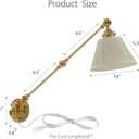 Gold Plug in Wall Sconce, Swing Arm Wall Light with 6.6FT Plug in Cord, Two Adjustable Arms, Fabric Shade, E26 Base, Hardwired Wall Lamp for Bedroom, Reading, Living Room, Hallway (1 Pack)