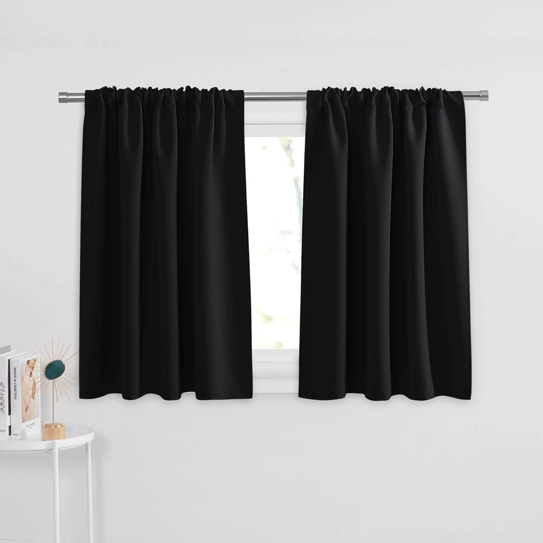 PONY DANCE Black Short Window Curtains for Kitchen 30 inch Long, 2 Panels Set Half Window Drapes for Bedroom Basement, Blackout Small Curtains for Travel Trailers, Width 29 x Length 30 inches