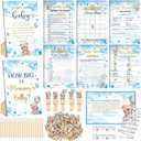 Funnymoom 426 Pcs Blue Theme Bear Baby Shower Decorations Games Set-8 Games Includes Bearly Wait Baby Shower Decorations Bingo Prediction and Advice How Big is Mommy's Belly Don't Say The Words