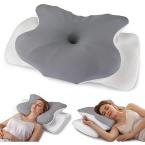 Cervical Neck Pillow, Ergonomic Side Sleeper Pillow for Pain Relief, Cooling Pillow for Sleeping, Neck and Shoulder, Contour Orthopedic Memory Foam Pillows for Back Stomach Sleepers Grey White