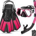 Snorkeling Gear for Adults, 4 in 1 Adult Snorkel Set with Panoramic View Snorkel Mask, Dry Top Snorkel, Adjustable Short Fins and Travel Bag, Snorkel Set with Fins for Snorkeling Diving, S/M(36-41), Pink