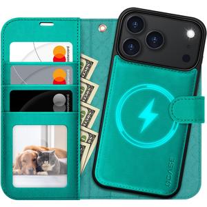 OCASE for iPhone 17 Pro Detachable Wallet Case with Card Holder, 2 in 1 PU Leather Flip Folio with RFID Blocking Stand Wrist Strap Shockproof Phone Cover 6.3 Inch 2025, Blue Green